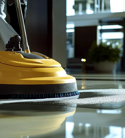 Floor-cleaning machine working across a hard floor