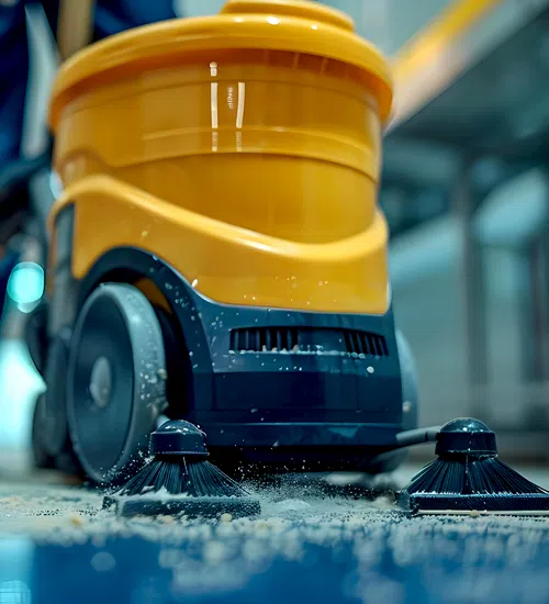 Close-up of floor-cleaning equipment and brushes