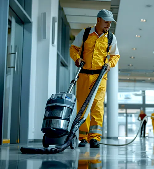 Illustration of a cleaner using a vacuum in a building corridor